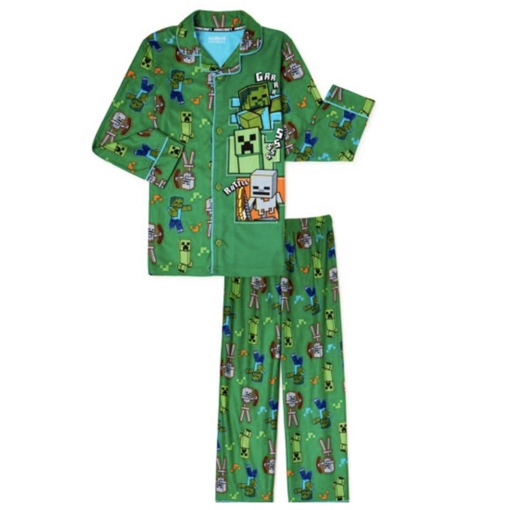 Minecraft Pajama Set Kids Size 10/12 Green New 2pc Button Down Sleepwear Creeper